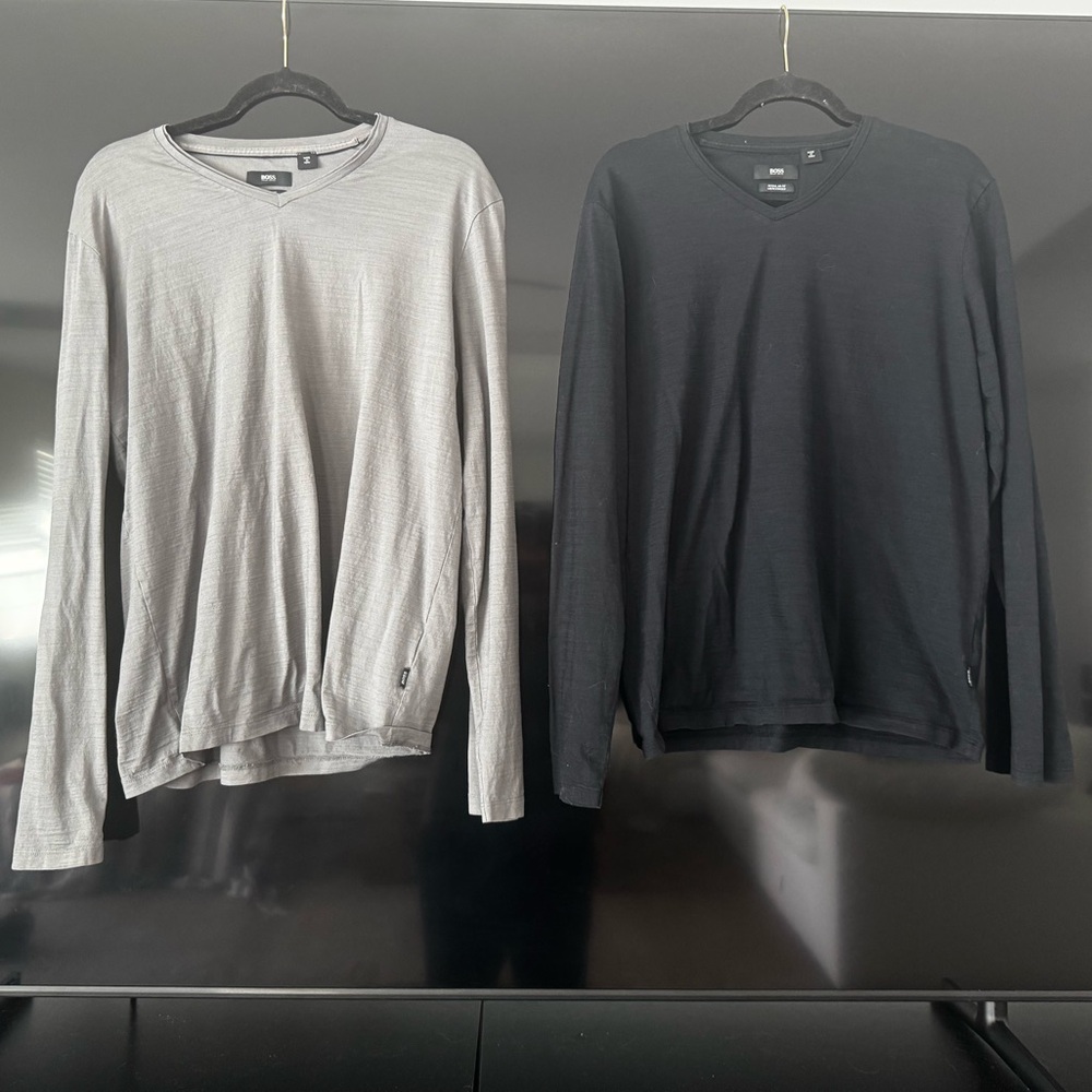 HUGO BOSS Men’s Mercerised Long-Sleeve Tee Bundle of Two — Black & Grey (Size L)